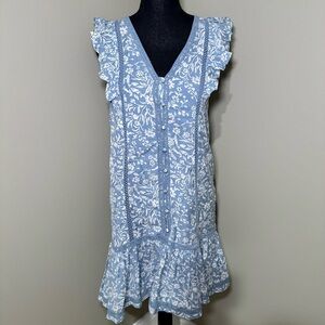 Lucky Brand Lace Trim Ruffle Shoulder Flounce Floral Mini Dress blue size XS‎